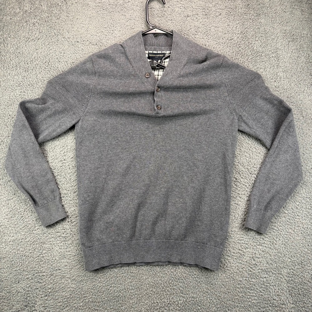 Banana Republic Mens Small Gray Cotton Henley Shawl Collar Pullover Sweater 8897